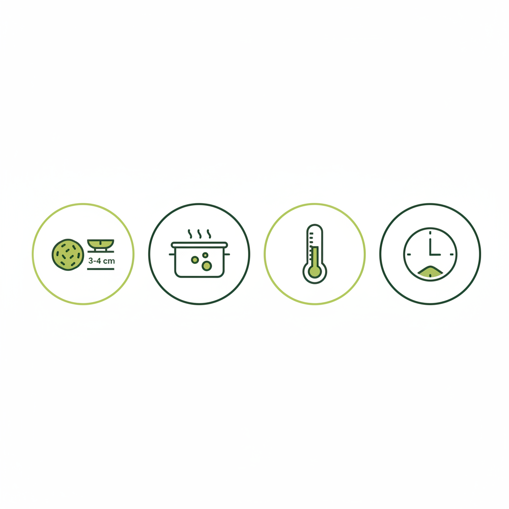Minimalistische Vektor-Infografik zur Kochzeit Königsberger Klopse mit Icons für Formen, Simmern, Kerntemperatur und Ruhezeit im Schnell Lecker Farbstil