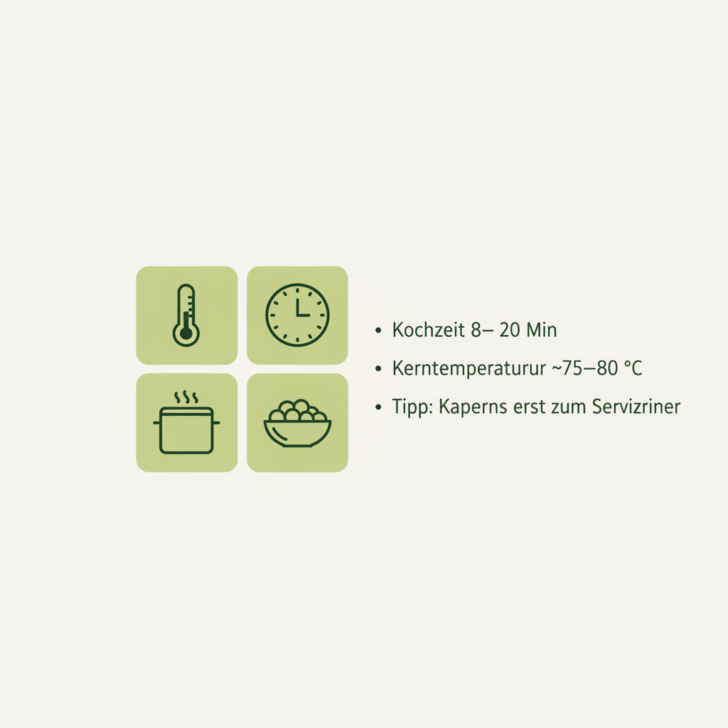 Minimalistische 2D-Vektor-Infografik zu Königsberger Klopse mit Icons für Thermometer, Uhr, Topf und Kapern, zeigt Kochzeit 8–20 Min und kurze Tipps.