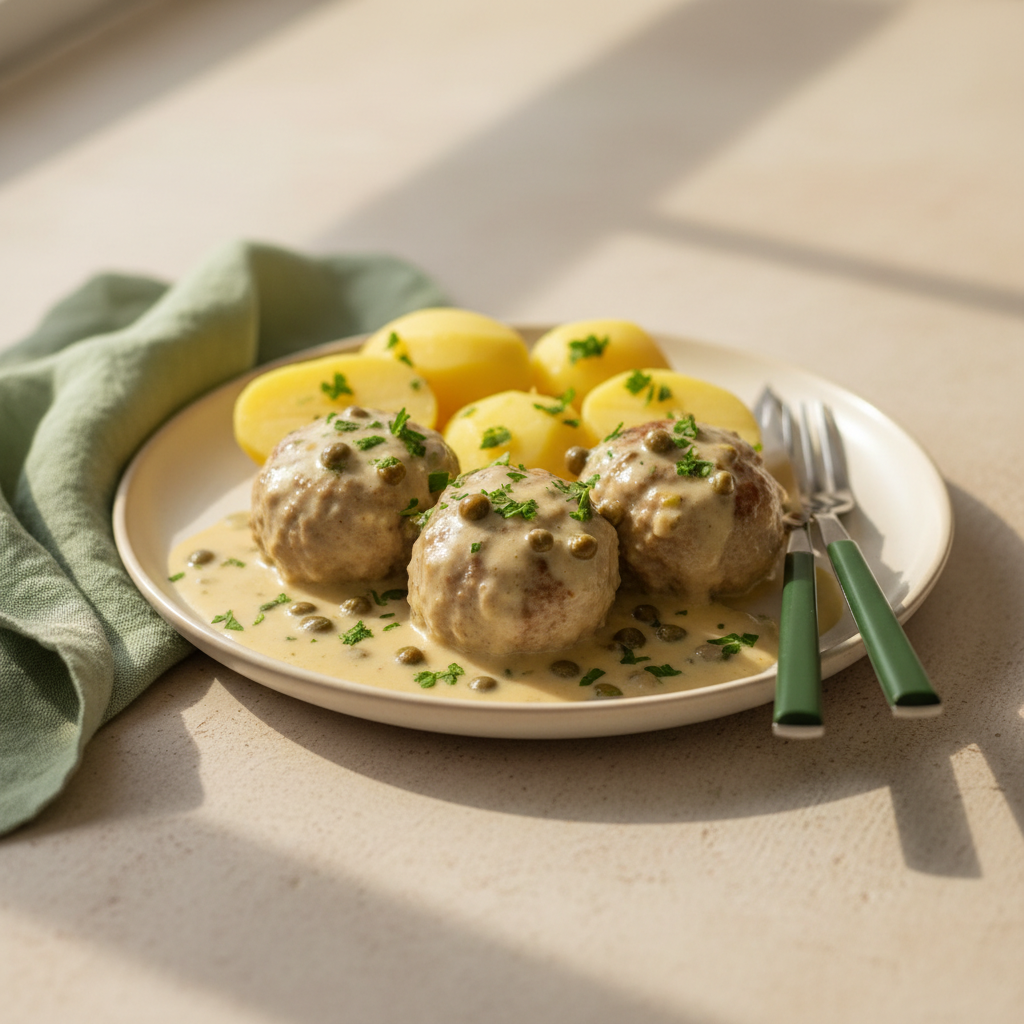 Nahaufnahme von Königsberger Klopsen mit Kapernsauce, Petersilie und Salzkartoffeln auf minimalistischem, warmem Marken-Hintergrund