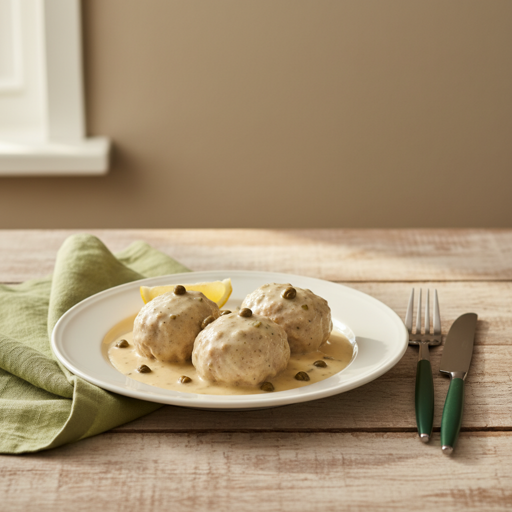 Königsberger Klopse auf Teller mit cremiger Kapernsauce, Zitronenschnitz und Kapern, Besteck auf rustikalem Holztisch vor hellem Hintergrund #dbdbcf
