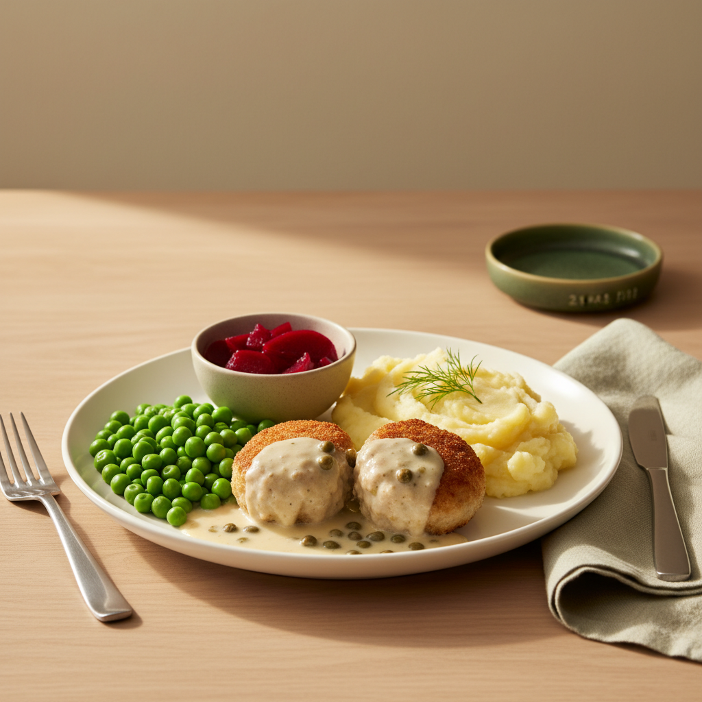 Beilagen zu Königsberger Klopsen: Nahaufnahme mit Kartoffelpüree, Erbsen und kleiner Schüssel eingelegter Roter Bete auf minimalem, heimeligem Hintergrund #dbdbcf