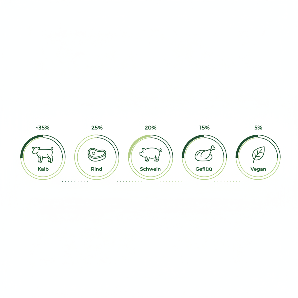 Minimalistische 2D-Vektorinfografik für Königsberger Klopse Fleisch: fünf Icons (Kalb, Rind, Schwein, Geflügel, Vegan) mit visuellen Prozentringen auf Hintergrund #dbdbcf