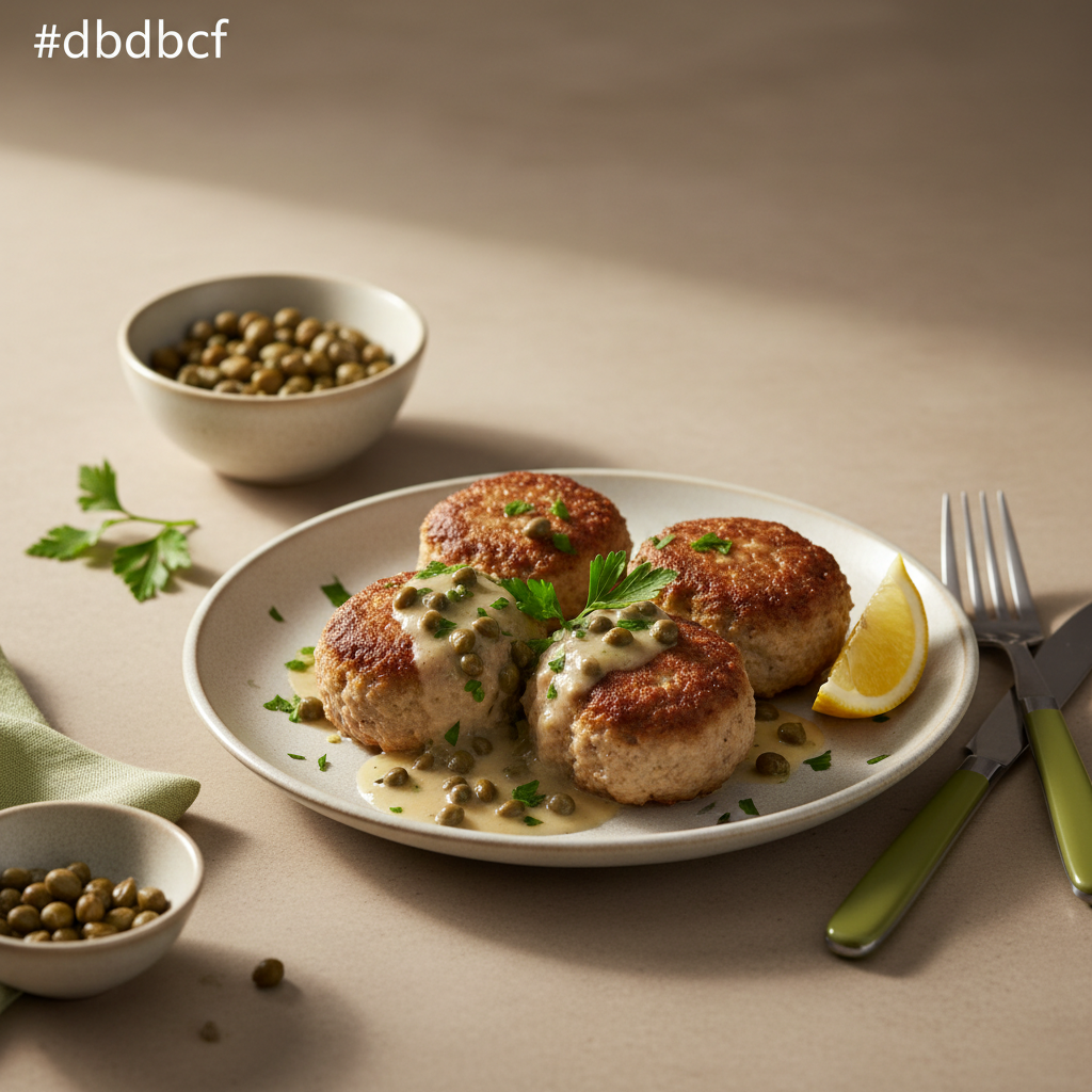 Nahaufnahme eines schlicht angerichteten Tellers mit gebräunten Königsberger Klopse Fleisch, Zitronenscheibe, Kapernsauce und Petersilie vor #dbdbcf Hintergrund