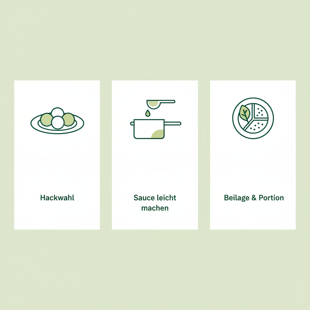 Minimalistische 2D-Vektor-Infografik in Schnell Lecker-Farben mit drei Icons für Hackwahl, leichte Sauce und Beilage — Königsberger Klopse zum Abnehmen