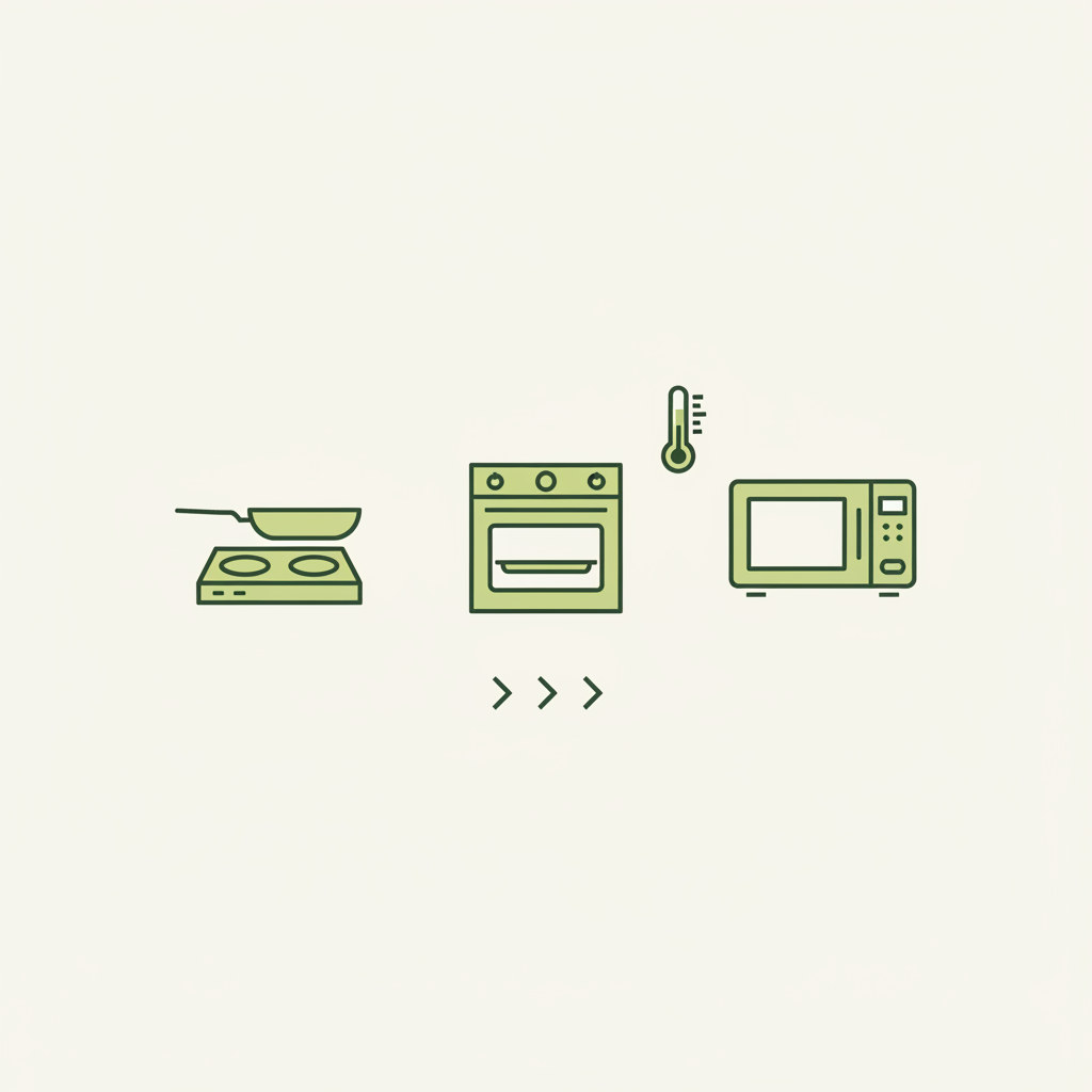 Minimalistische Vektor-Infografik mit drei Icons (Pfanne, Backofen, Mikrowelle) und Thermometer als Symbole zum Königsberger Klopse aufwärmen in Schnell Lecker Farben.