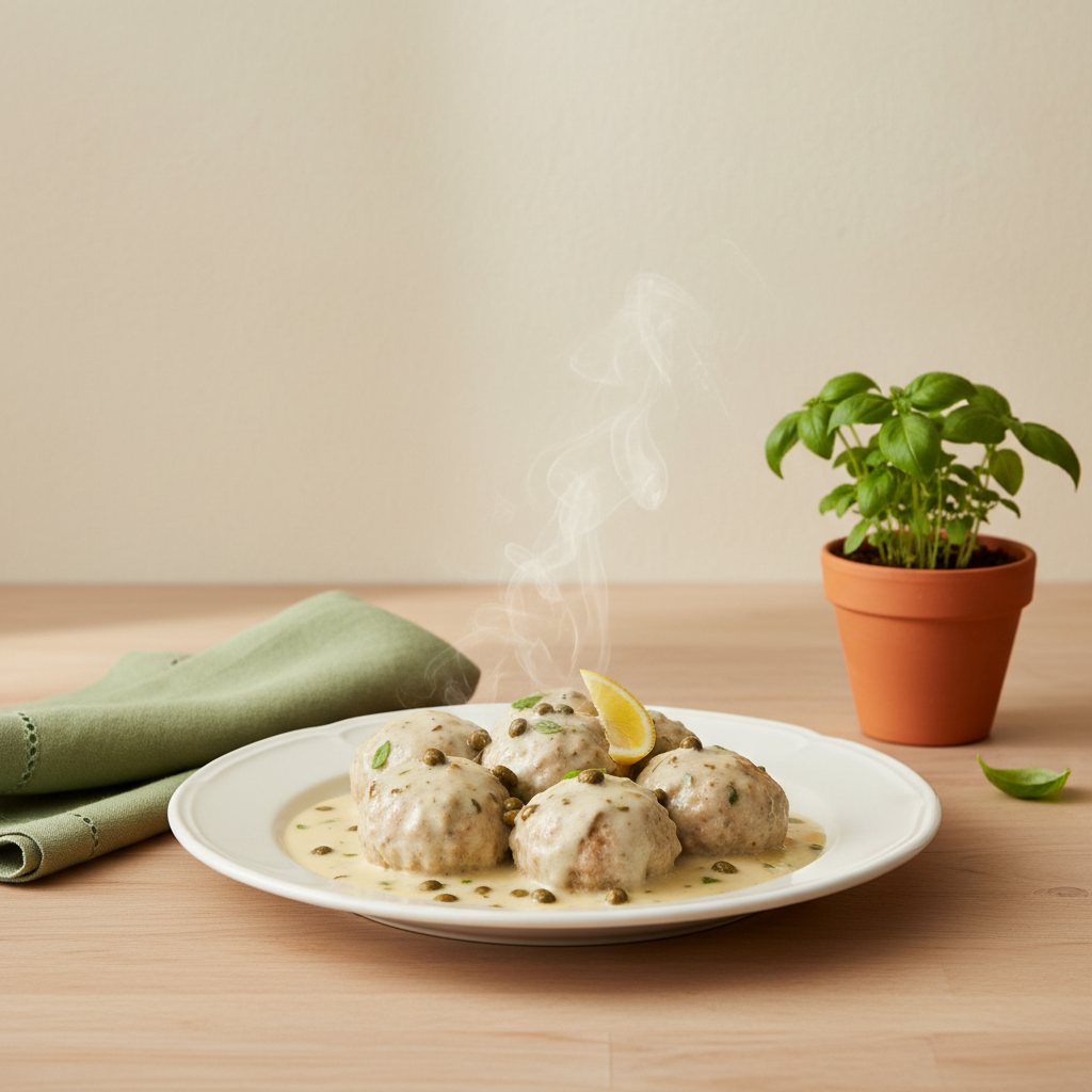 Nahaufnahme eines Tellers mit Königsberger Klopse aufwärmen: Klopse in cremiger weißer Sauce mit Kapern und Zitronenscheibe vor minimalem Hintergrund #dbdbcf.