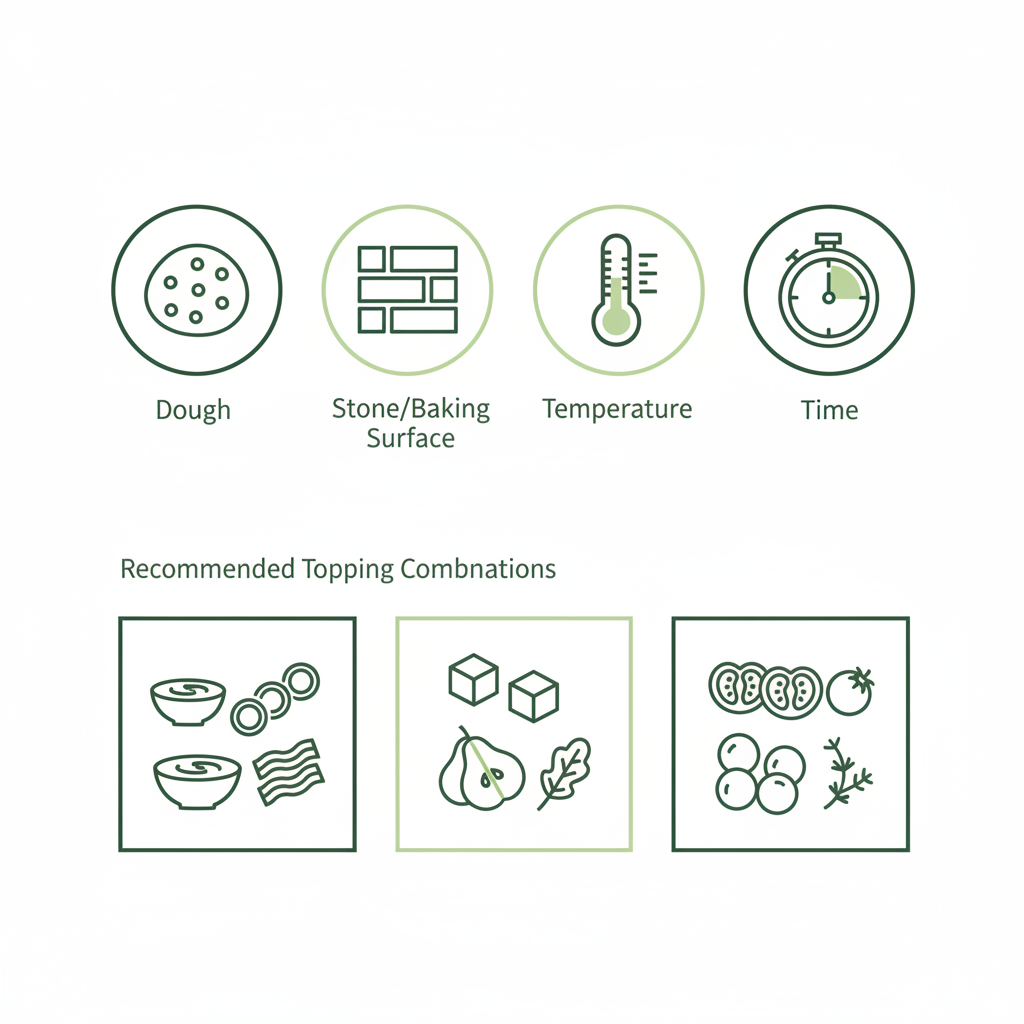 Minimalistische Infografik zu Flammkuchen Beläge mit Vektor-Icons für Teig, Backstein, Temperatur, Zeit und drei empfohlene Belagskombinationen im Schnell Lecker Farbstil