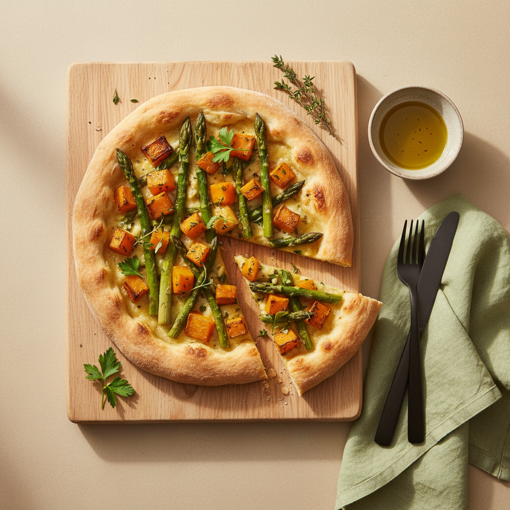 Minimalistisches heimeliges Tischarrangement mit fertig gebackenem Flammkuchen und saisonalen Flammkuchen Beläge (Spargel, Kürbis, frische Kräuter) vor hellem Hintergrund #dbdbcf