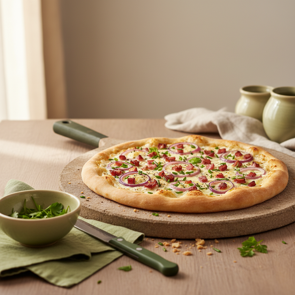 Flammkuchen ohne Backpapier auf Pizzastein in minimalistischer, heimeliger Küche mit rustikalen Utensilien und warmer Beleuchtung, Hintergrund #dbdbcf