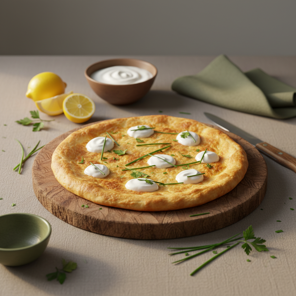 Kann man Joghurt auf Flammkuchen machen? Flammkuchen auf Holzbrett mit Joghurt-Schälchen, Zitronenscheiben und frischen Kräutern vor hellem, minimalistischen Hintergrund.