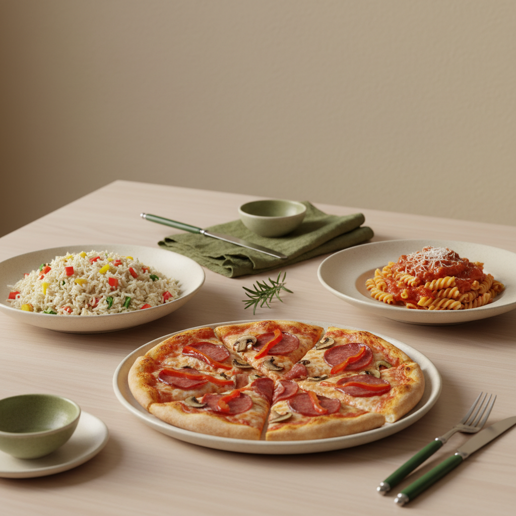 Vollbildaufnahme mehrerer Teller mit Pizza, Reis und Pasta in warmem, minimalistischem europäischem Setup in Markenfarben – beliebte Gerichte weltweit