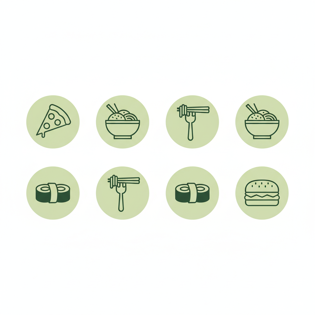 Minimalistische 2D-Vektor-Infografik mit zehn Icons (je zwei von Pizza, Reis, Pasta, Sushi, Burger) in Schnell Lecker Farben als Übersicht beliebte Gerichte weltweit