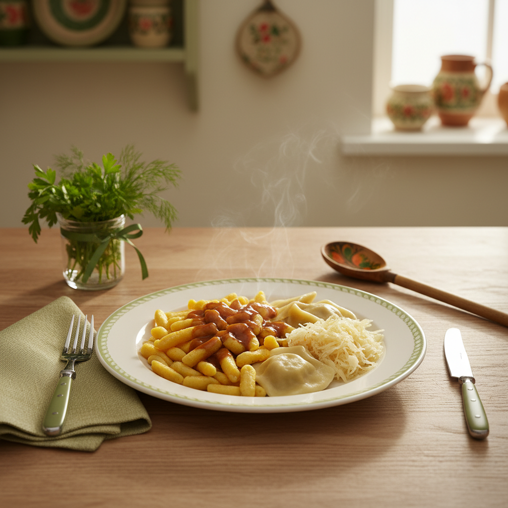 Nahaufnahme eines gedeckten Tellers mit typischen Gerichten (Spätzle, Maultaschen, Sauerkraut) in einem minimalistischen, heimeligen europäischen Küchen-Setting.