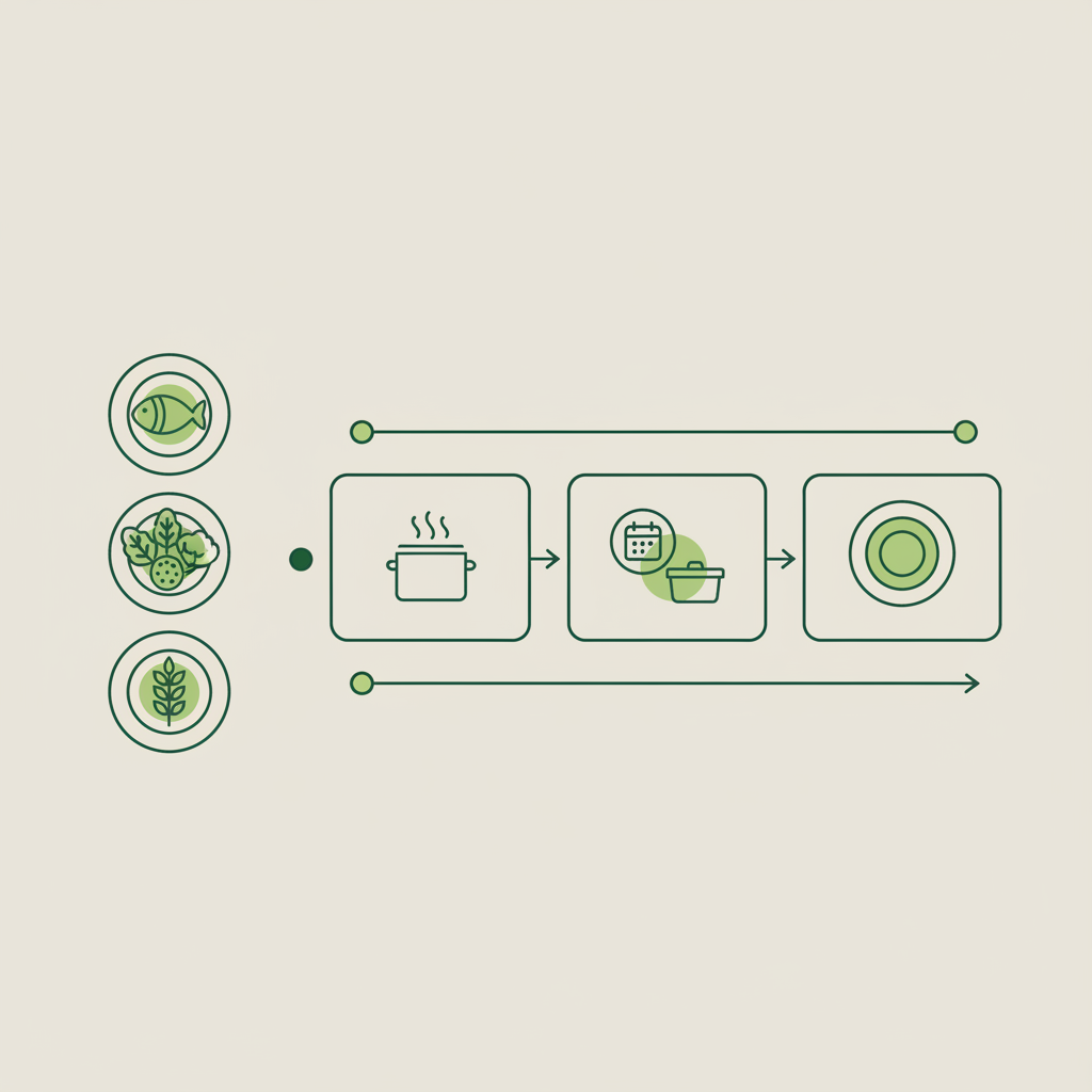Minimalistische 2D-Infografik mit drei Tellern (Protein, Gemüse, Getreide) und einer 3‑Schritt-Batchcooking-Zeitleiste — beliebtestes Gericht visuell erklärt.
