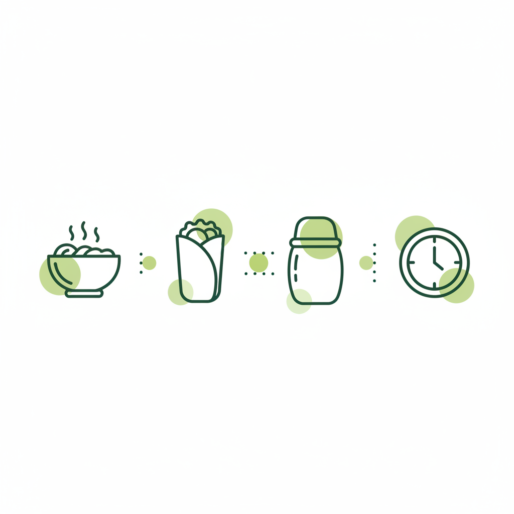 Minimalistische Vektor-Infografik mit Bowl-, Wrap-, Thermobehälter- und Uhr-Icons in Schnell Lecker Farben, repräsentiert beliebte Mittagessen