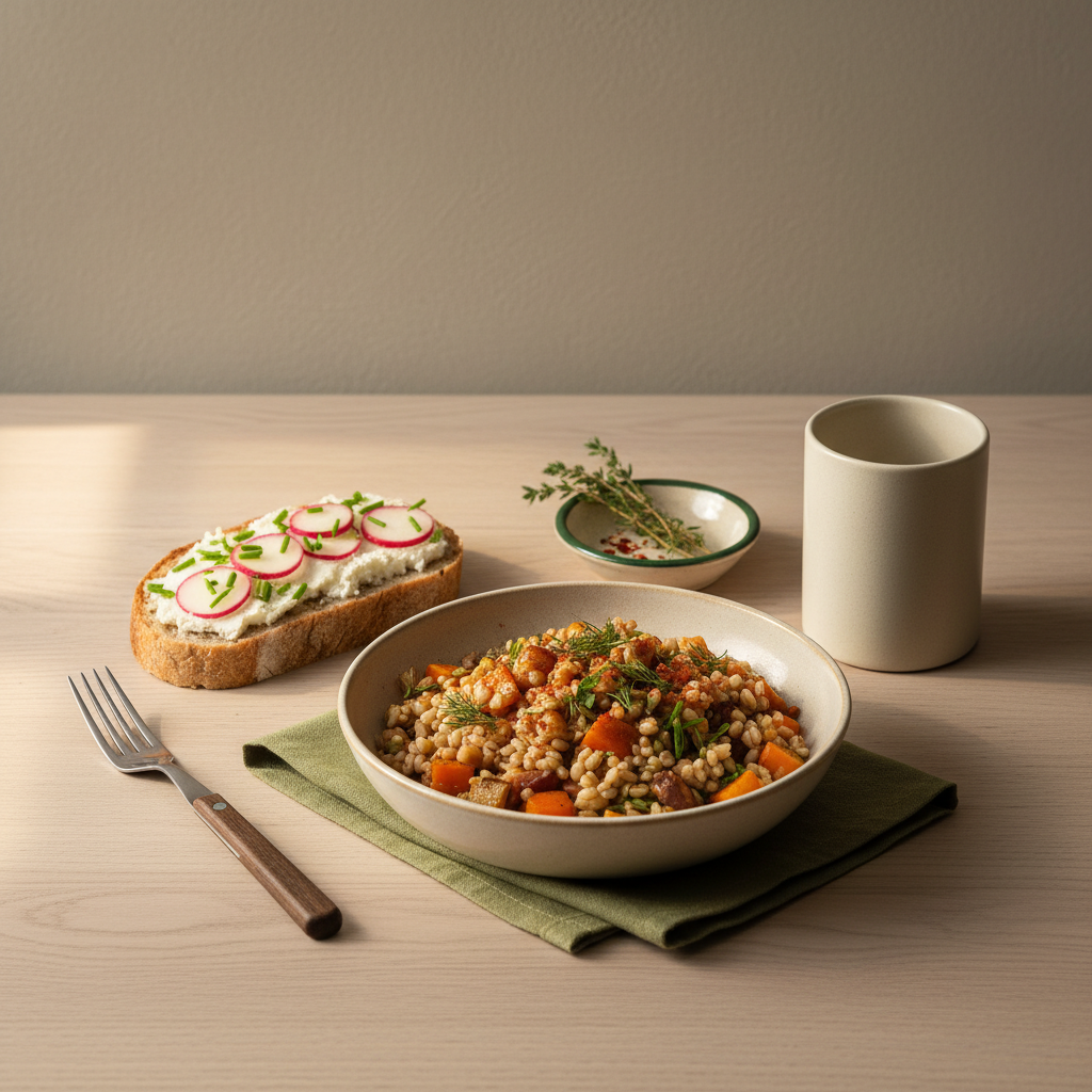 Heimelige europäische Küchenszene mit Bowl, belegtem Brot und Thermobecher als beliebte Mittagessen, minimalistisches Setting in warmer Lichtstimmung, Hintergrund #dbdbcf