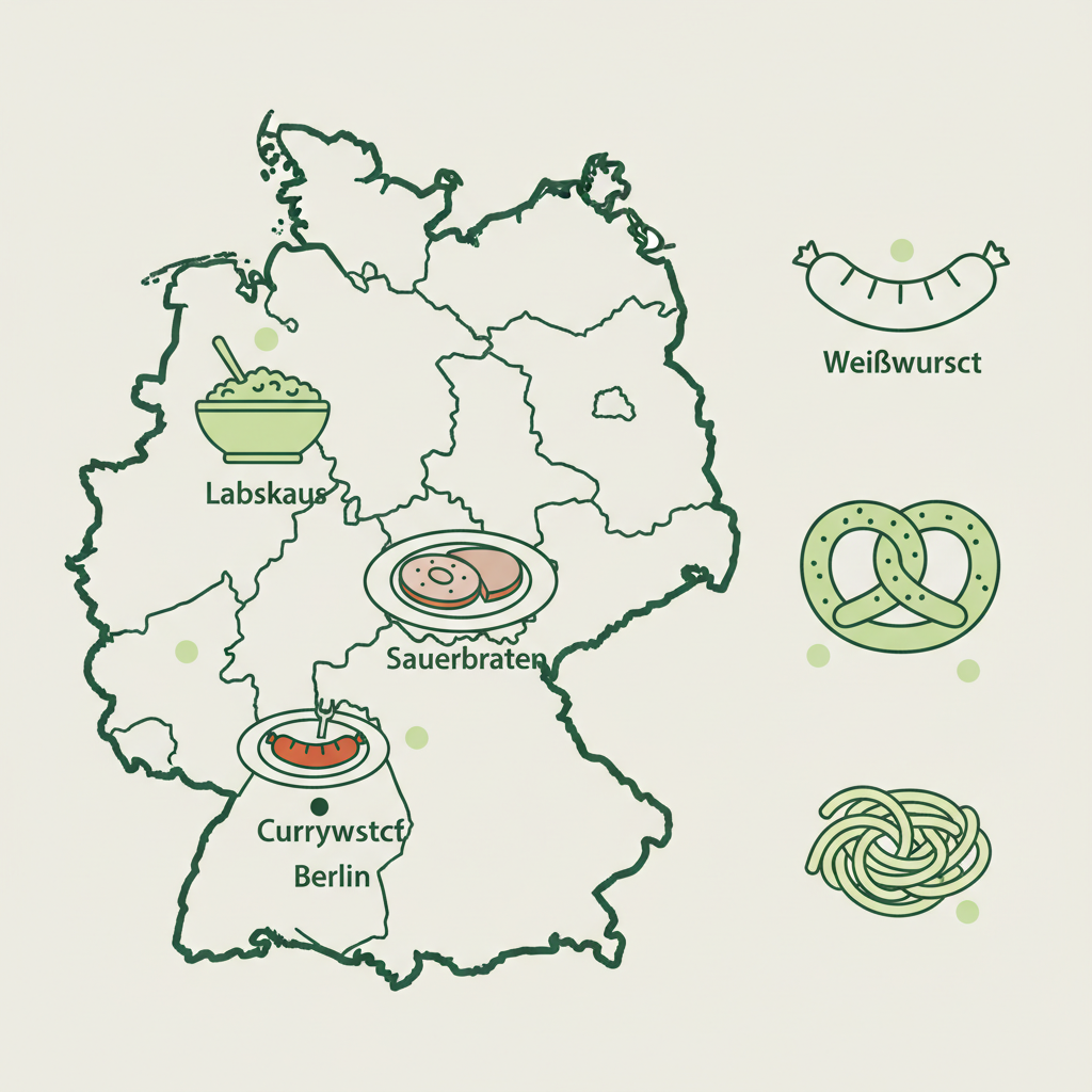 Minimalistische 2D-Vektor-Infografik mit Deutschlandkarte und regionalen Gerichten als Icons, visualisiert deutsches Nationalgericht-Regionen in Markenfarben #dbdbcf/#a5cd8d/#21431f, kein Text.