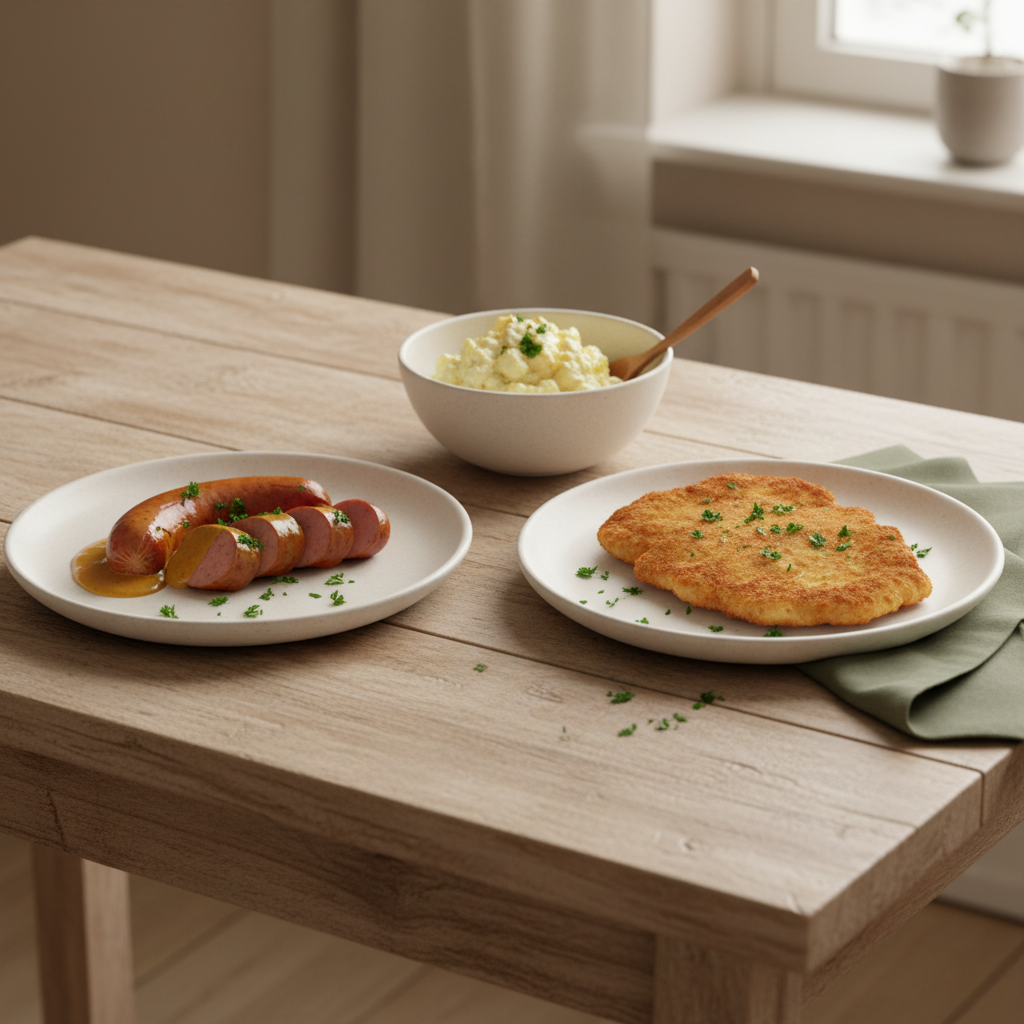 Full-Frame-Küchenszene mit deutsches Nationalgericht: Currywurst, Schnitzel-Scheibe und Kartoffelsalat auf Holztisch bei warmem Tageslicht