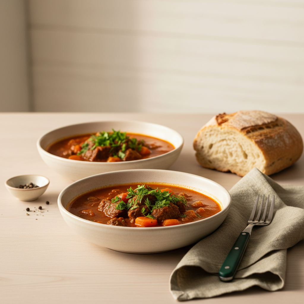 Was essen die Deutschen zu Mittag – realistisches, gemütliches Mittagsgericht mit ungarisch-rumänischem Eintopf, Brot und frischen Kräutern auf minimalistischem Holztisch.