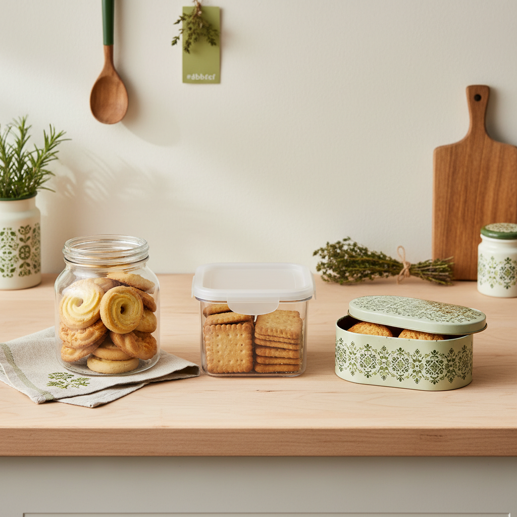 Minimalistische europäische Küche mit Glasgefäß, BPA-freier Box und Plätzchen in Blechdosen auf hellem Holz vor #dbdbcf Hintergrund, dezente Akzente in #a5cd8d und #21431f.