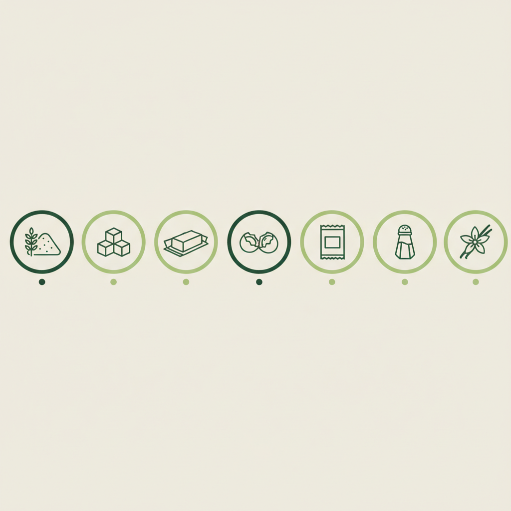 2D-Vektor-Infografik der Keks Grundzutaten mit sieben minimalistischen Icons (Mehl, Zucker, Butter, Ei, Backtriebmittel, Salz, Vanille) in Schnell Lecker Markenfarben.