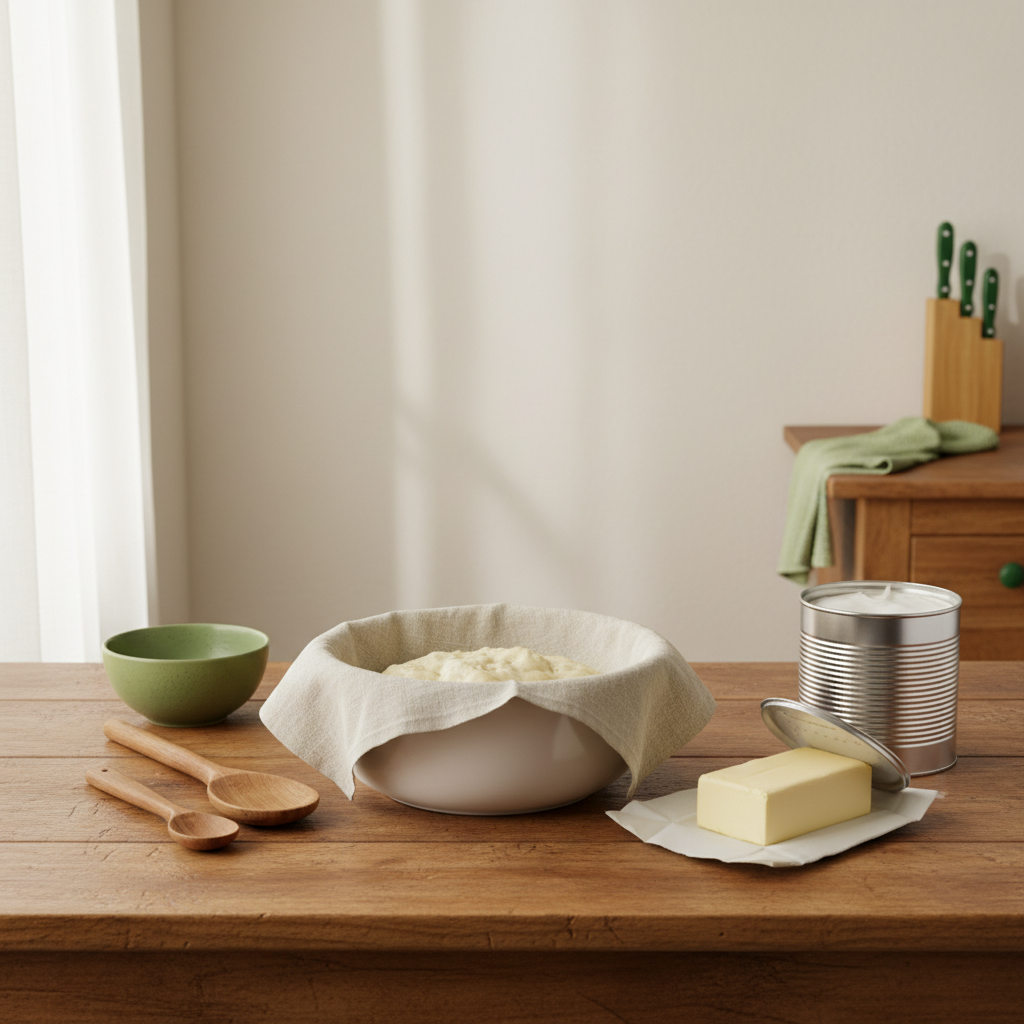 Minimalistisches Back-Setup auf Holztisch mit offenem Butterblock und Margarine-Dose, Rührschüssel und Messlöffeln vor #dbdbcf Hintergrund.