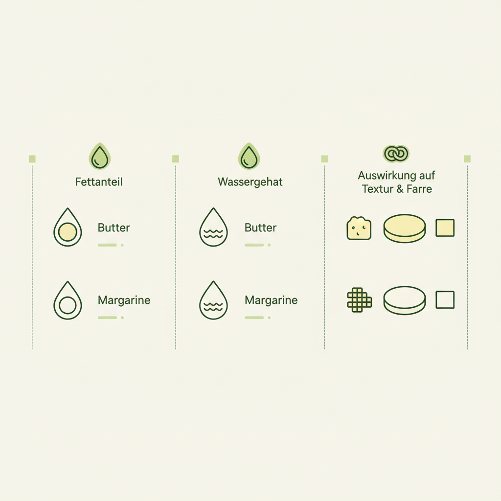 Minimalistische 2D-Vektor-Infografik im Schnell Lecker Stil: Vergleich Butter oder Margarine zu Fettanteil, Wassergehalt und Einfluss auf Textur und Farbe.