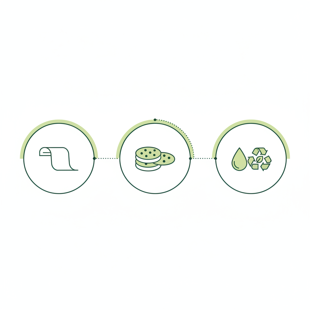 Minimalistische 2D-Vektor-Infografik zur Aufbewahrung von Backpapier in einer Backpapier Keksdose mit drei Icons: Backpapier, Keksstapel, Feuchtigkeitstropfen & Recycling