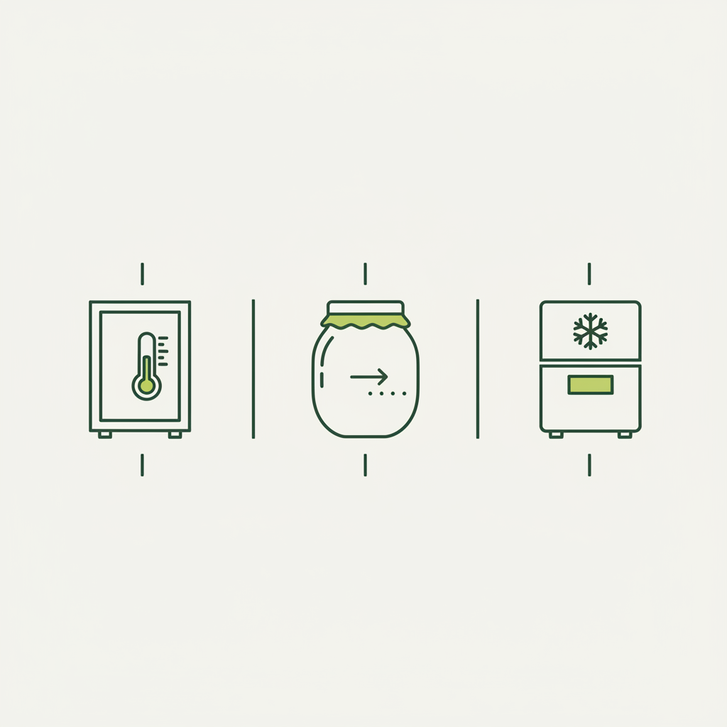 Infografik mit drei Vektor-Icons zur Aufbewahrung von selbstgebackene Plätzchen: trocken/kühl, luftdicht und einfrieren, minimalistisches Design in Markenfarben.