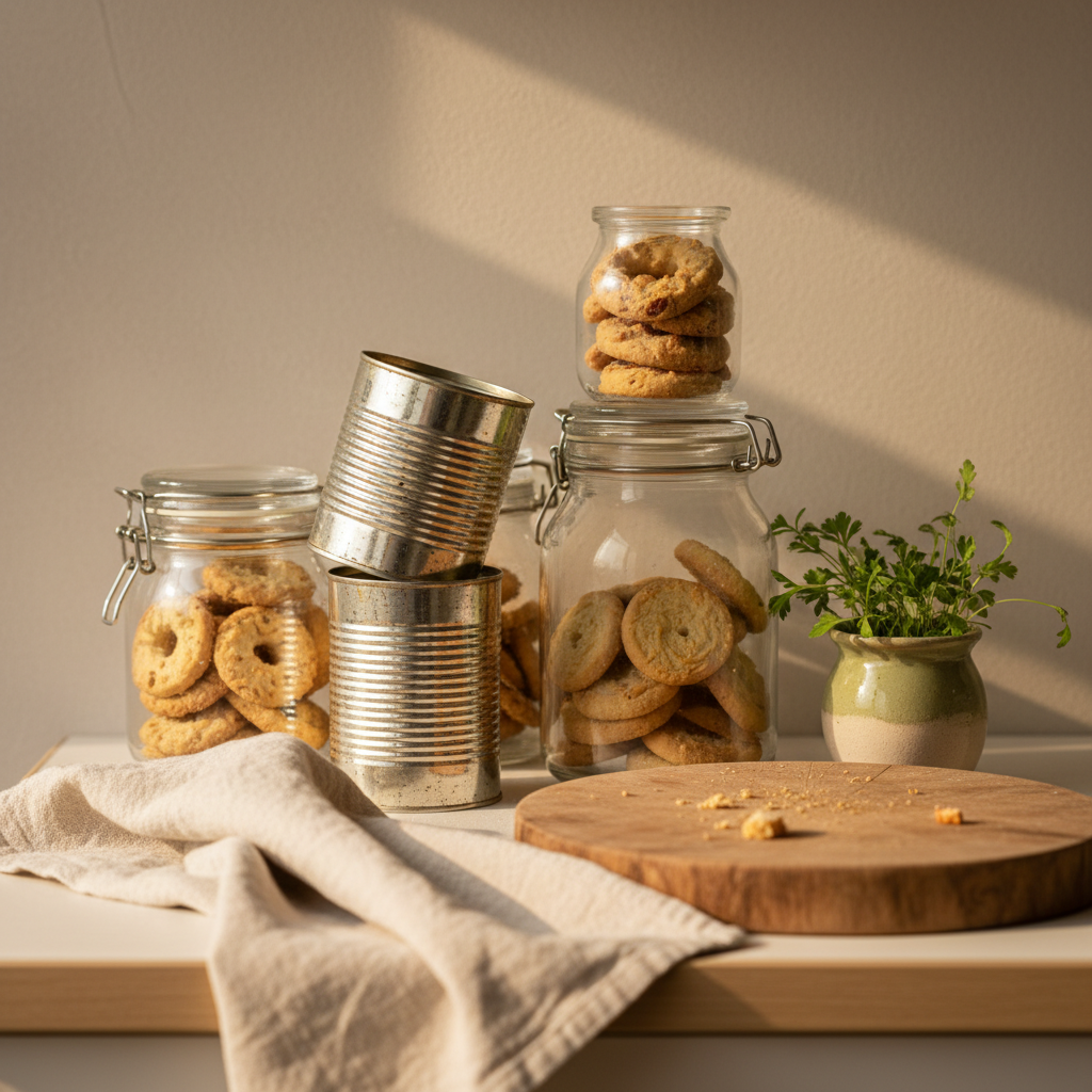 Nahaufnahme eines hellen Küchentresens mit gestapelten Dosen und Gläsern, die selbstgebackene Plätzchen zeigen; neutraler Hintergrund #dbdbcf und Kräuterakzent in #a5cd8d, minimalistisches heimisches Setting.