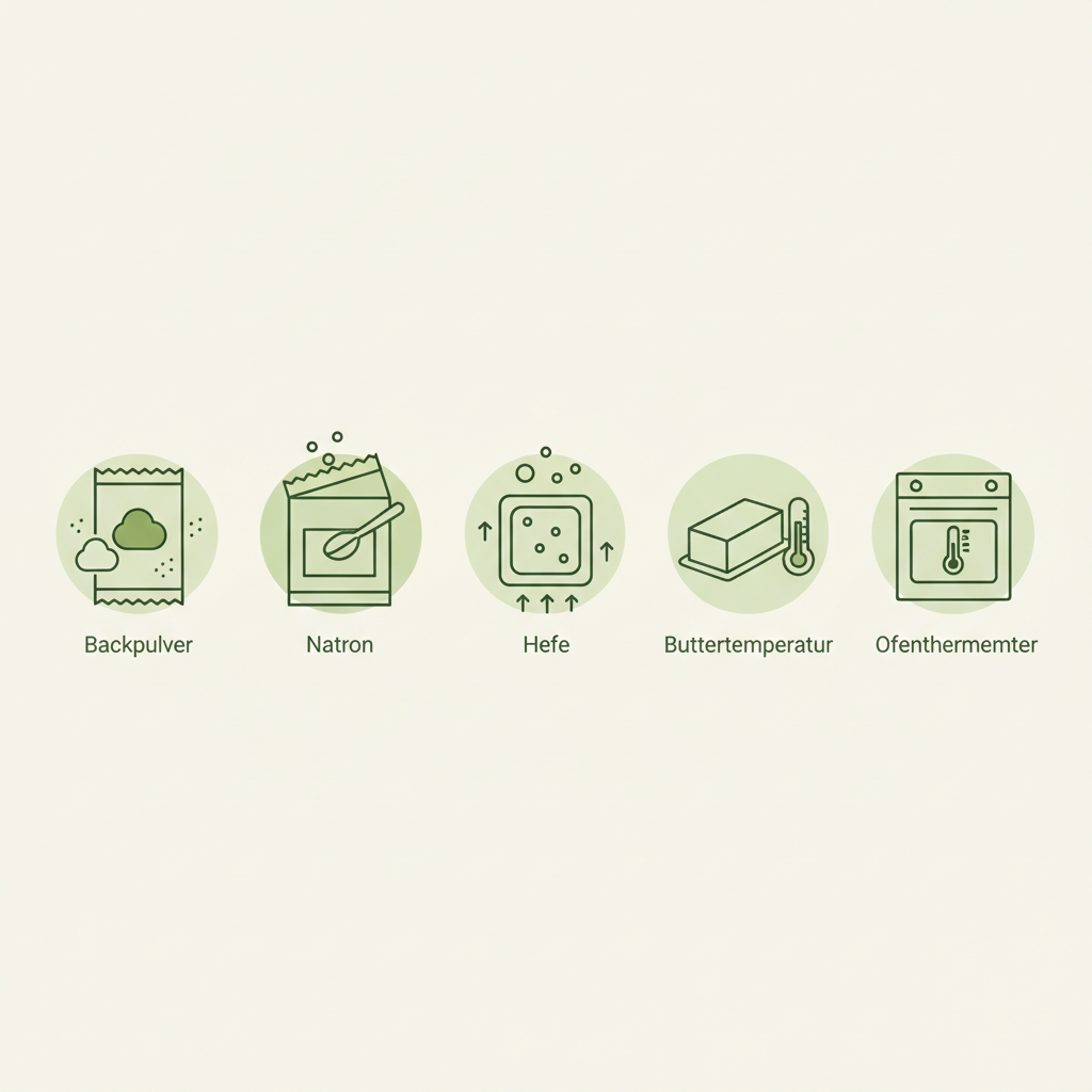 Minimalistische Infografik: Welche Zutat lässt Kekse aufgehen – fünf Vektor-Icons für Backpulver, Natron, Hefe, Buttertemperatur und Ofenthermometer in Schnell-Lecker-Farben.
