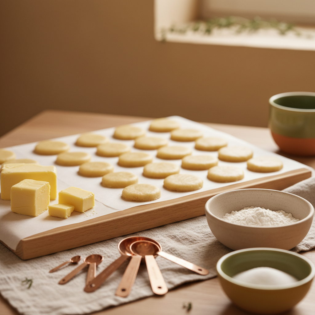 Welche Zutat lässt Kekse aufgehen: Nahaufnahme von Keksteig-Portionen auf Backpapier mit Butter und Messlöffeln in einer warmen, minimalistischen Küche.