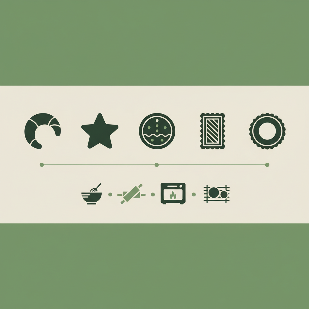 Minimalistische 2D-Vektor-Infografik mit fünf Weihnachtsgebäck-Icons (Kipferl, Stern, Lebkuchen, Spekulatius, Butterkeks) und vier Piktogramm-Backschritten