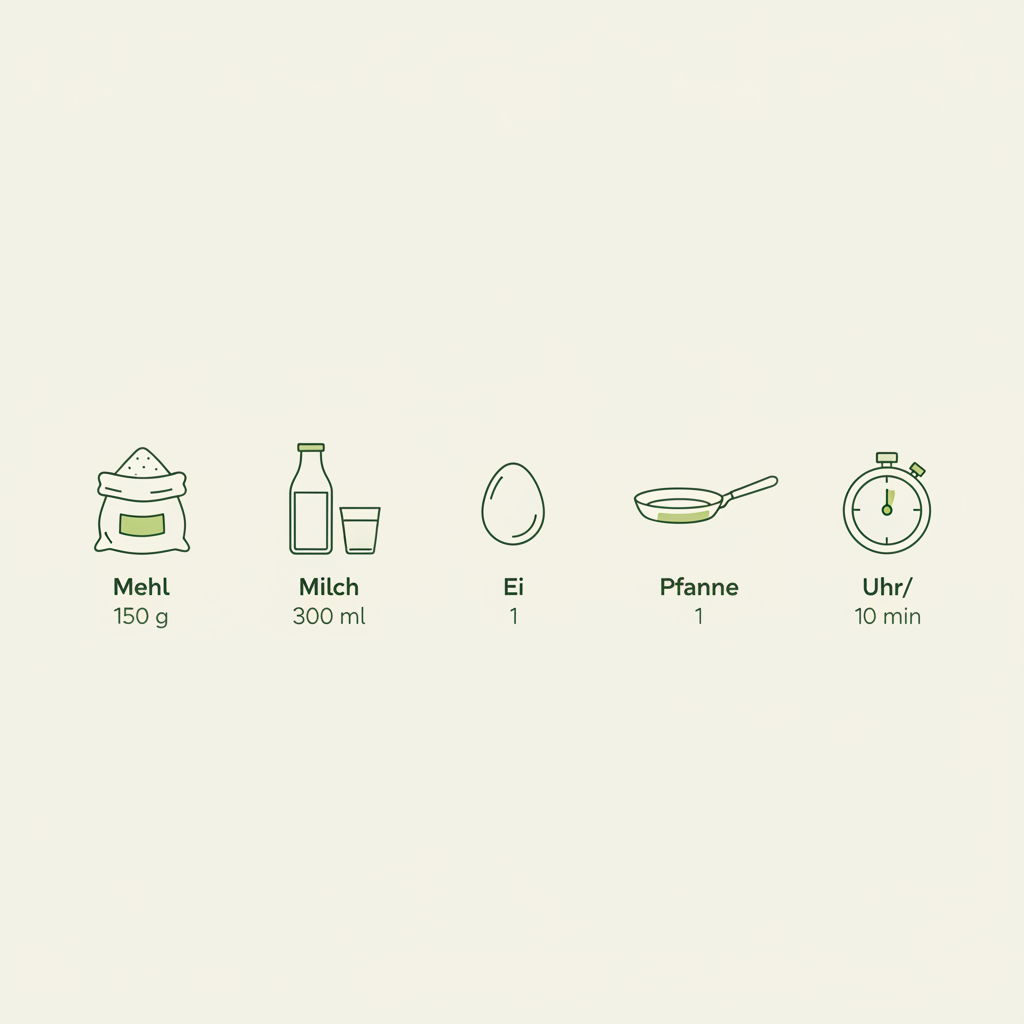 Pancake Zutaten: Minimalistische 2D-Vektor-Infografik mit Icons für Mehl 150 g, Milch 300 ml, Ei 1, Pfanne und 10 Min in Markenfarben.