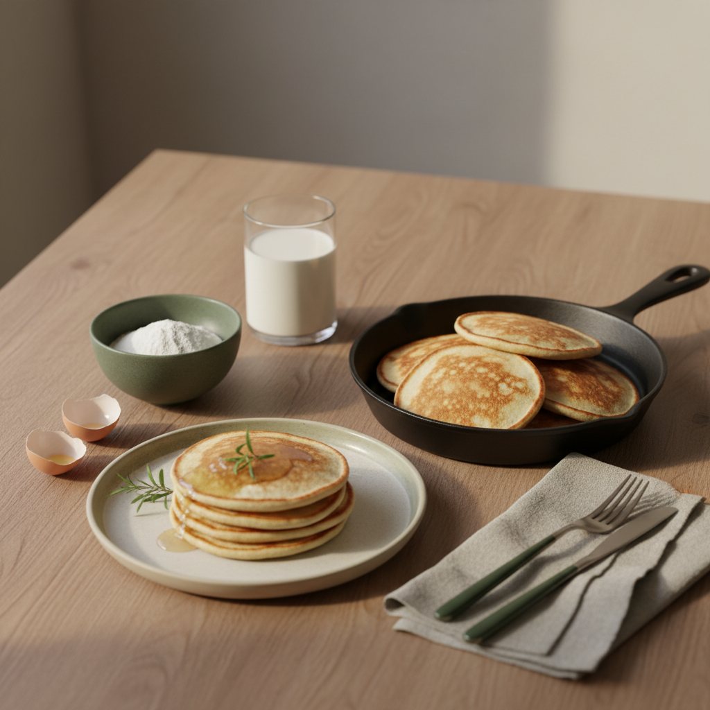 Minimalistisches Frühstücks-Stillleben mit Pfanne, Mehl, Milch, Eierschalen und servierten Pancakes vor #dbdbcf Hintergrund – Pancake Zutaten