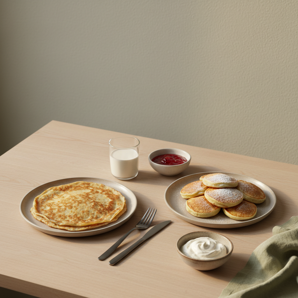Vollbild einer minimalistischen europäischen Frühstücksszene mit Pfannkuchen neben Pancakes, natürliche Farben und warme Stimmung – Unterschied Pfannkuchen und Pancakes klar erkennbar