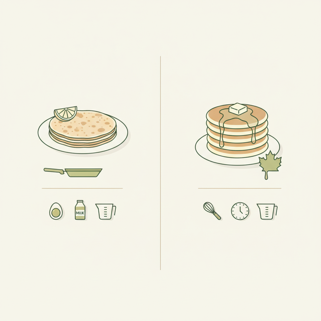 Minimalistische 2D-Vektor-Infografik zum Unterschied Pfannkuchen und Pancakes: links dünner Pfannkuchen mit Zitronenkeil, rechts fluffiger Pancake-Stapel mit Butter und Sirup, Icons in Markenfarben