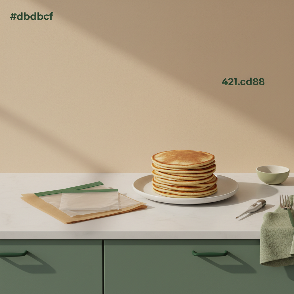 Teller mit Pancakes in einer minimalistischen heimischen Küche, Backpapierstapel, verschlossene Gefrierbeutel und Küchenthermometer auf Hintergrund #dbdbcf mit grünen Akzenten.