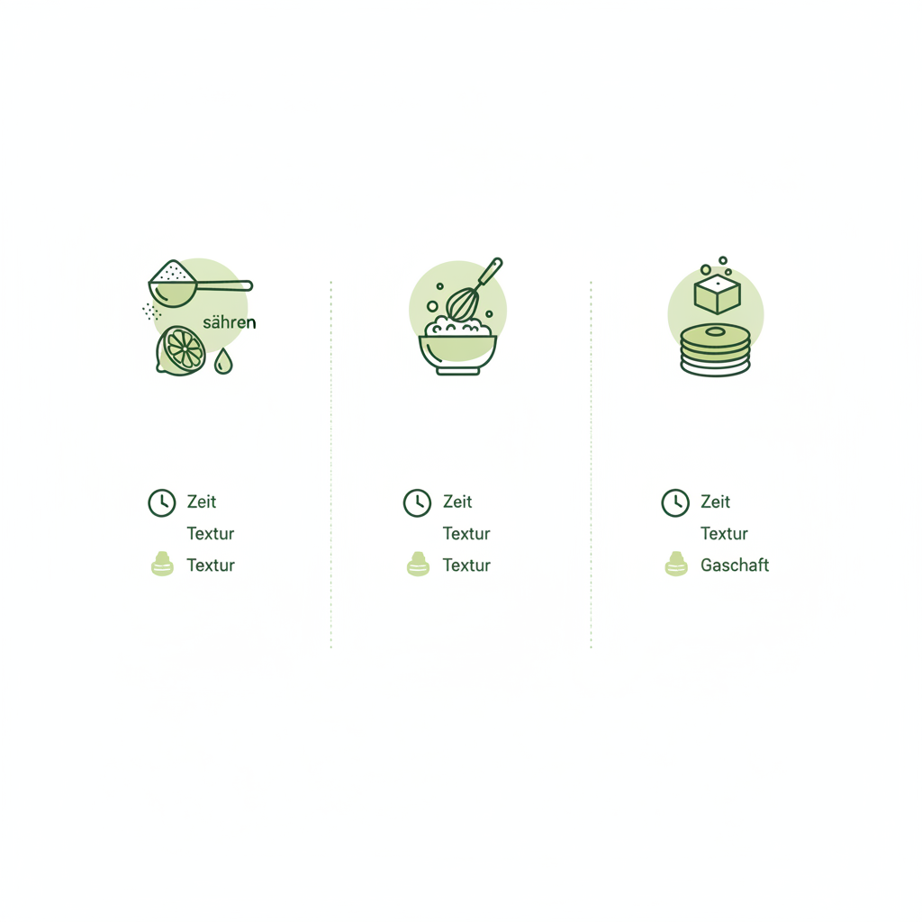 Minimalistische 2D-Vektor-Infografik mit drei Spalten und Icons zu Natron+Säure, Eiweiß/Aquafaba und Hefe als Ersatz für Backpulver bei Pancakes.