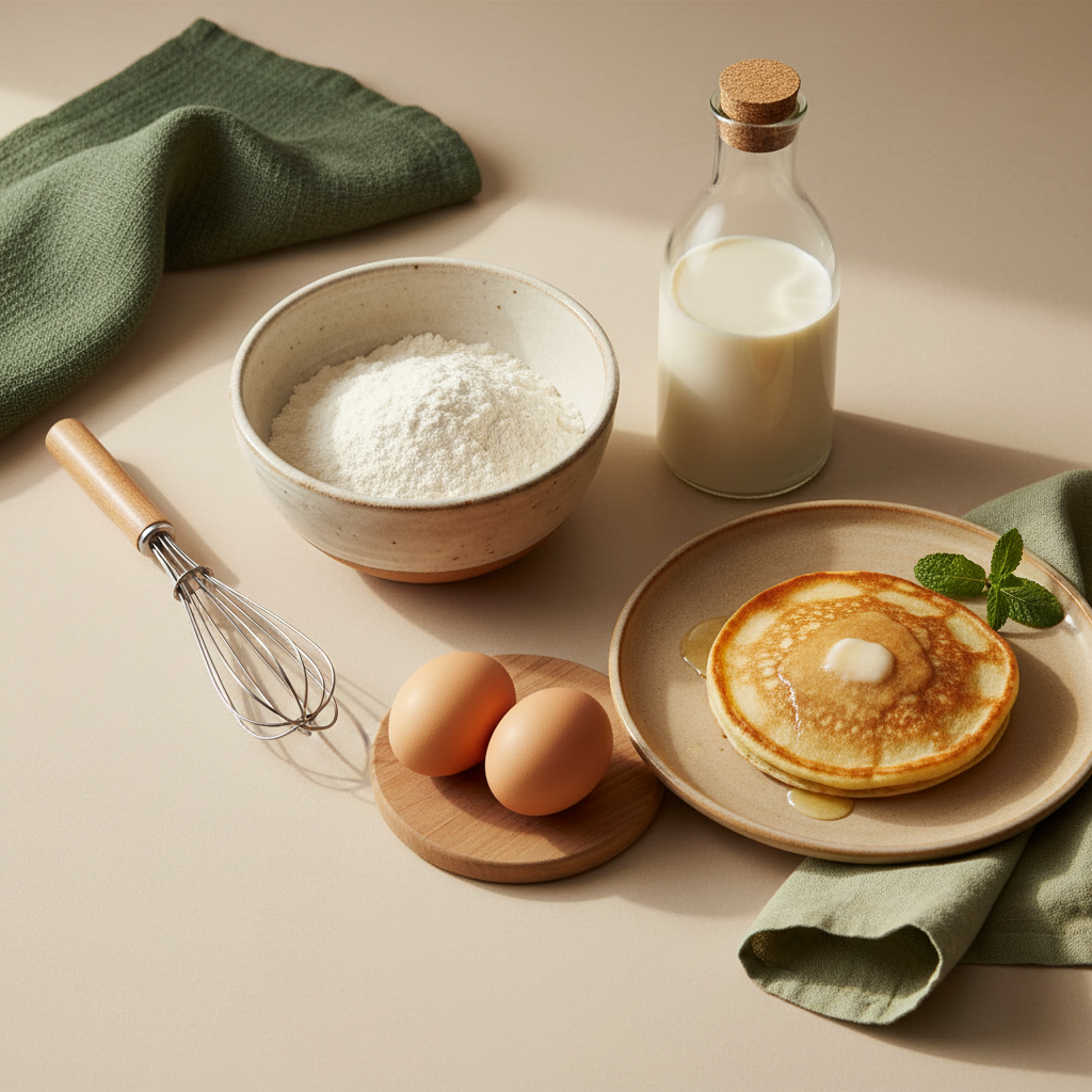 Küchenstillleben mit Zutaten für Pancakes (Mehl, Eier, Buttermilch, Schneebesen) und warmem Pfannkuchen – Ersatz für Backpulver bei Pancakes, heller #dbdbcf Hintergrund.