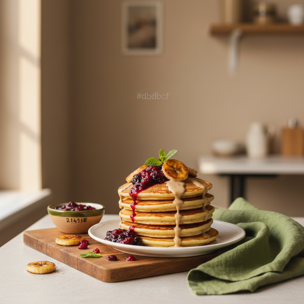 Was kommt auf Pancakes drauf? Nahaufnahme eines Pancake-Stapels mit Beerenkompott, karamellisierten Bananen und Tahini-Drizzle auf Holzbrett, minimal und warm in Schnell Lecker Farben