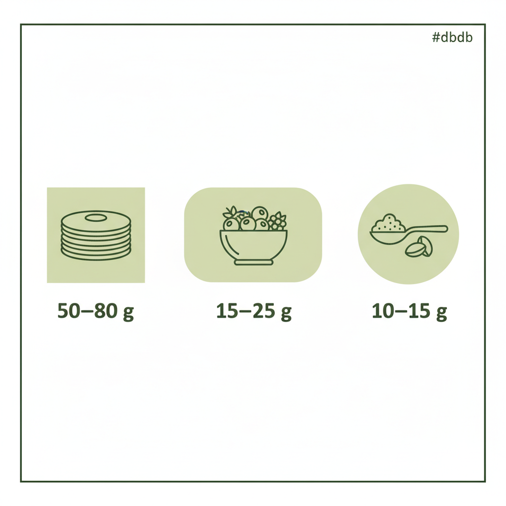 Was kommt auf Pancakes drauf? Minimalistische 2D-Vektor-Infografik mit Icons für Portionsgrößen (50–80 g, 15–25 g) auf Hintergrund #dbdbcf, Akzent #a5cd8d