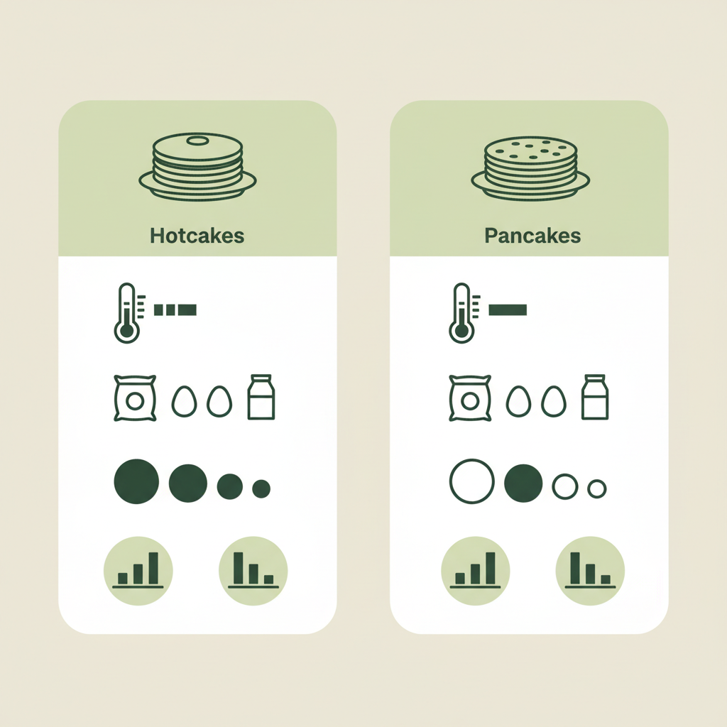 Minimalistische 2D-Vektorinfografik im Stil von Schnell Lecker zeigt Vergleichs-Icons für Hotcakes vs Pancakes, Temperatur- und Zutaten-Piktogramme sowie Suchvolumen-Diagramm.