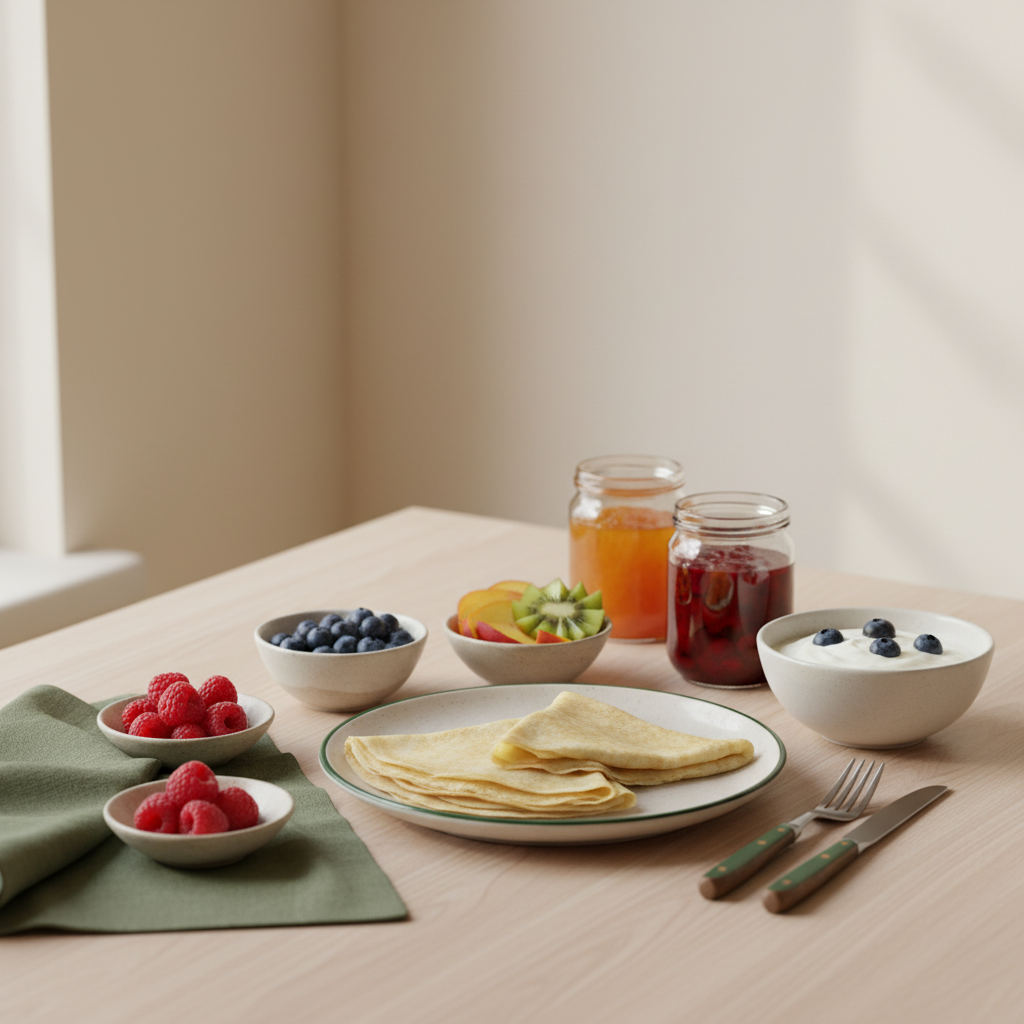 Aufgeräumtes Close-up mit Crêpes, frischen Früchten, Joghurt und Marmelade auf warmem Tisch im minimalistischen Stil – Crêpes gesünder als Pfannkuchen