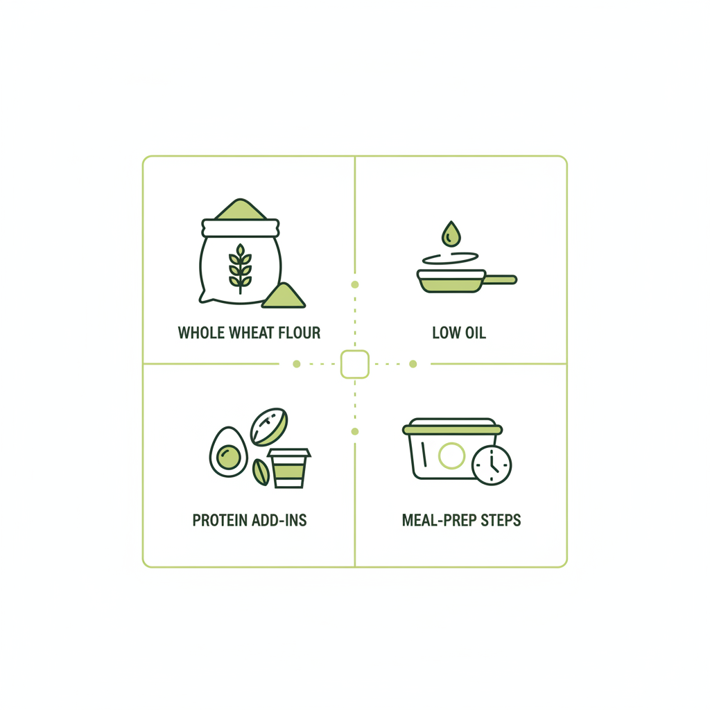 Minimalistische 2D-Vektor-Infografik mit vier Icons zu Vollkorn, wenig Öl, Proteinzugaben und Meal-Prep – Crêpes gesünder als Pfannkuchen