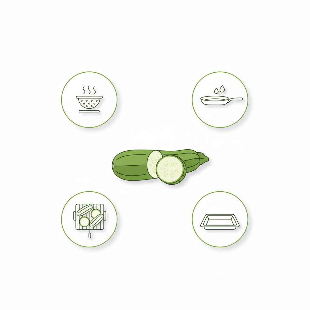 Wie isst man Zucchini am besten – minimalistische 2D-Vektor-Infografik mit Icons für dämpfen, anbraten, grillen und backen auf Hintergrund #dbdbcf.