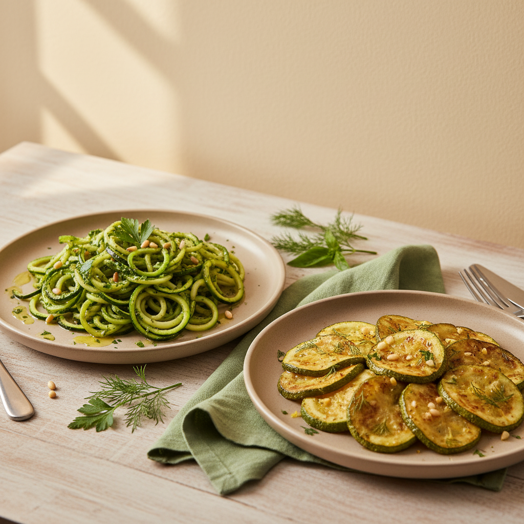 Pesto-Zoodles und Zitronen-Knoblauch-Zucchinischeiben auf neutralen Tellern in warmer, minimalistischer Küchenkomposition – Wie isst man Zucchini am besten