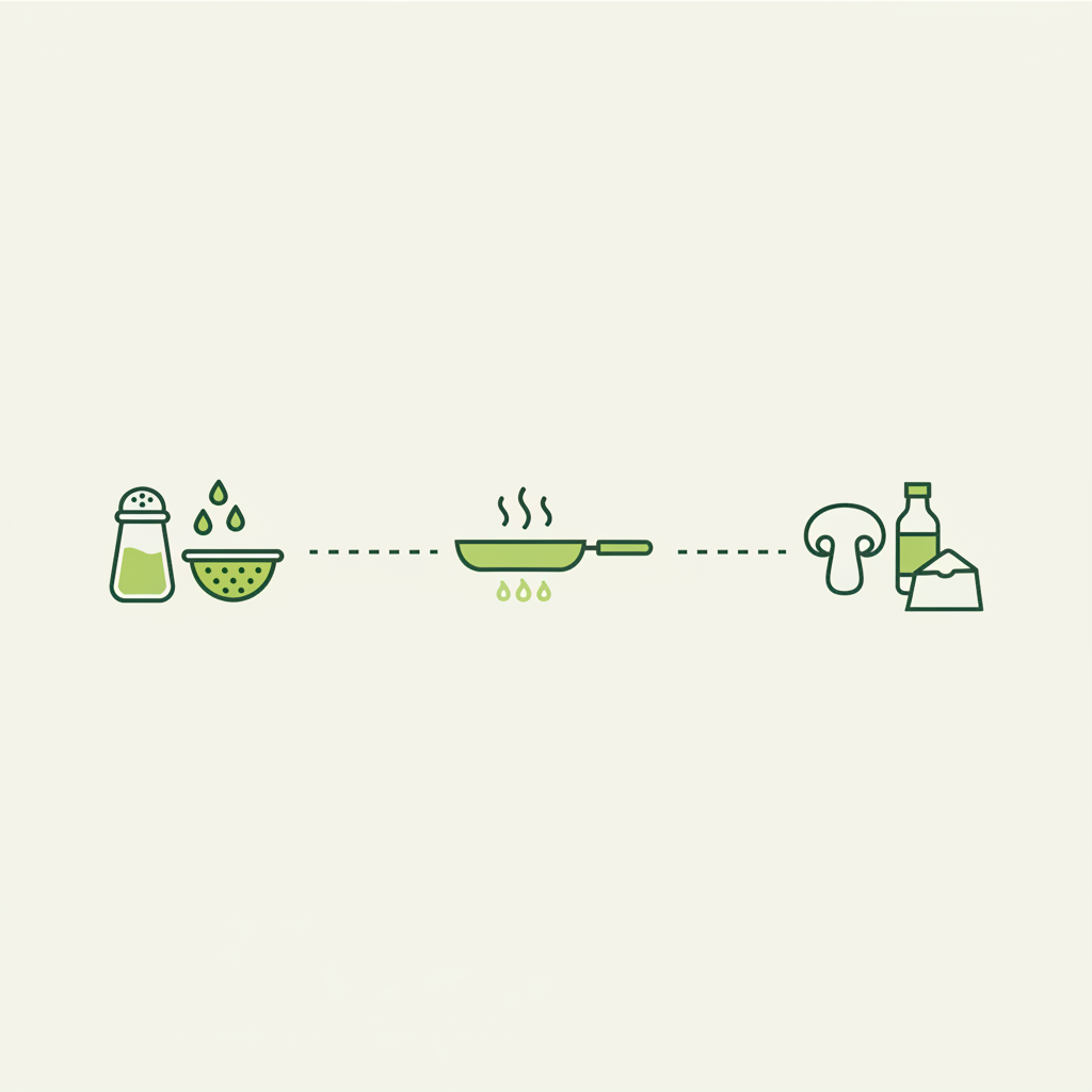 Minimalistische 2D-Vektor-Infografik: drei Icons zeigen Schritte zum Zucchini Geschmack verbessern — salzen/entwässern, scharf anbraten und Umami hinzufügen.