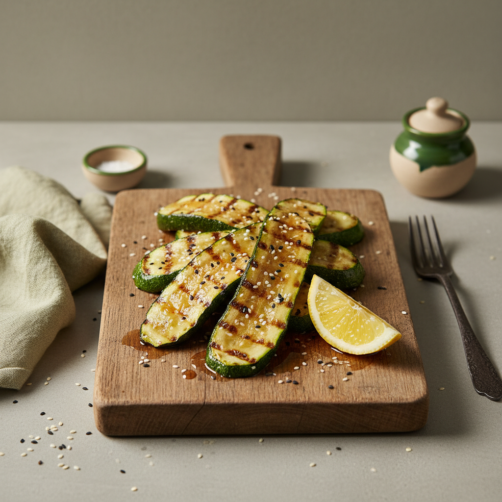 Nahaufnahme gegrillter, miso-glasierter Zucchinischeiben auf Holzbrett mit Zitronenecke und Sesam, warme heimische Küchenatmosphäre – Zucchini Geschmack verbessern