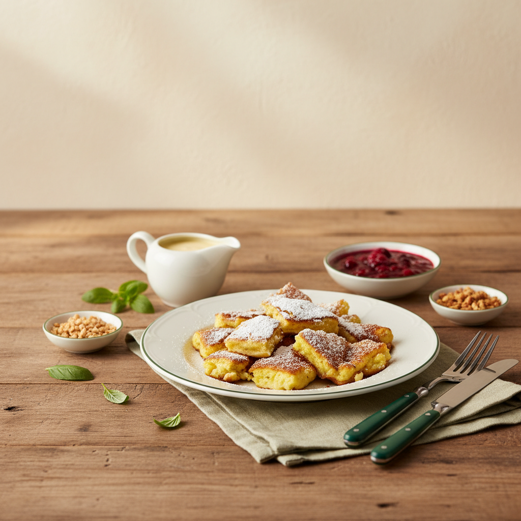 Was passt zu Kaiserschmarrn: Teller mit Kaiserschmarrn, Vanillesauce im kleinen Krug, Beerenskompott und Nüsse auf warmem Holz, dezente Markenfarben #dbdbcf und #a5cd8d